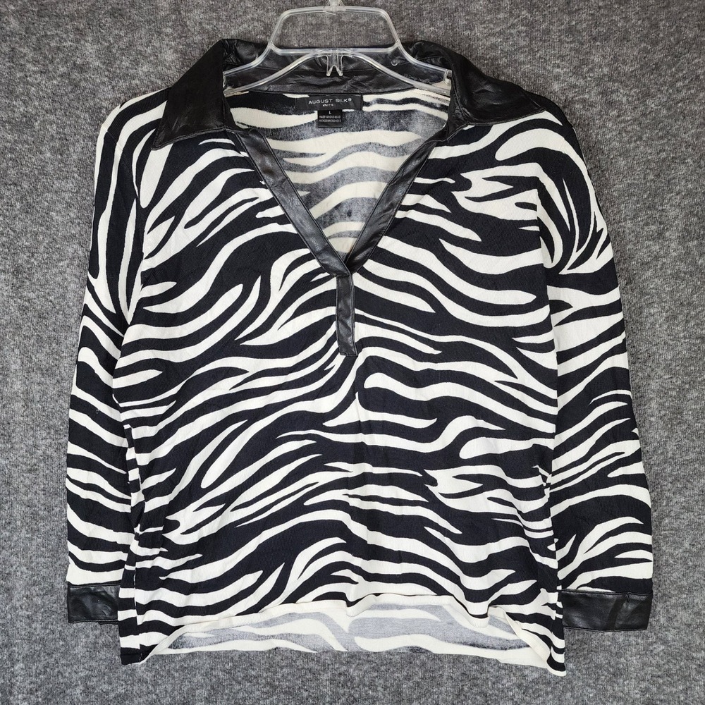August Silk Pullover Women L Zebra Print Black White Leather Trim EUC